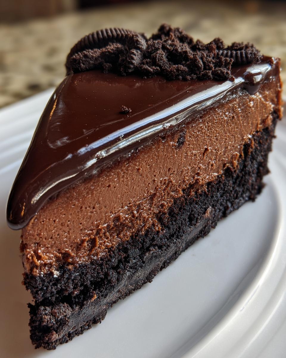 A decadent slice of chocolate cheesecake featuring a dark crust, light chocolate mousse layer, and glossy ganache topping.