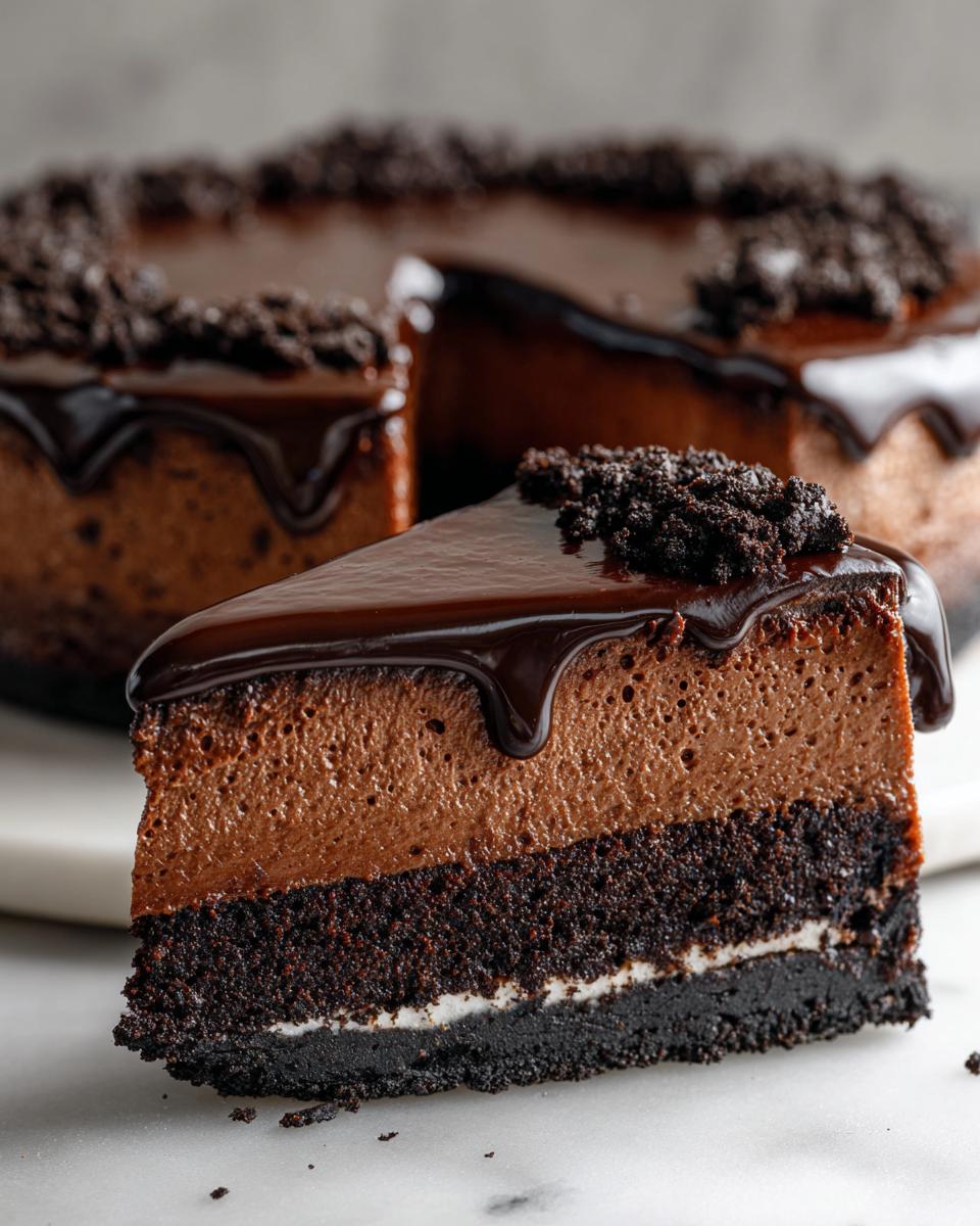 A decadent slice of chocolate cheesecake featuring a mousse layer, dark crust, and rich chocolate ganache topping.