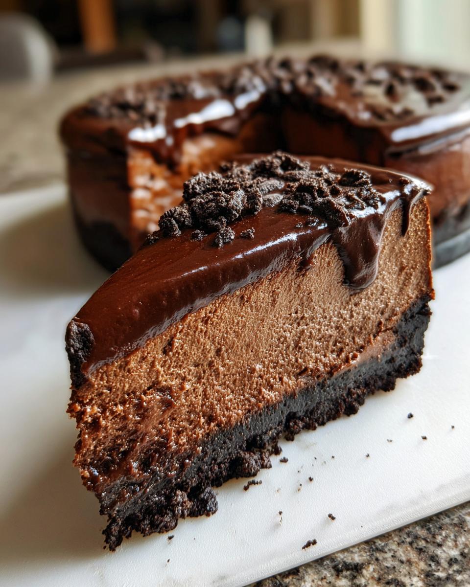 A decadent slice of rich chocolate cheesecake with a thick ganache topping and cookie crumbs.