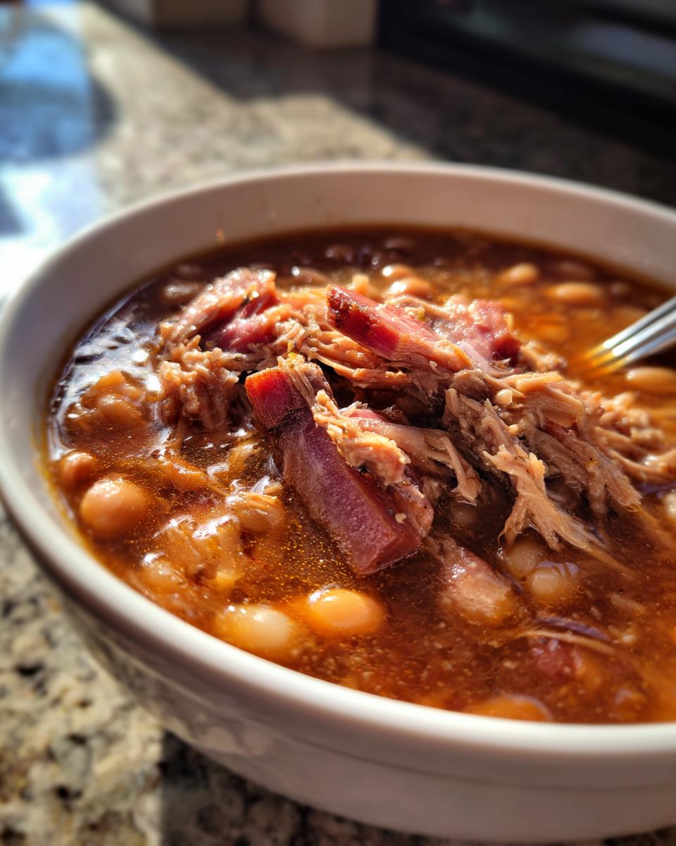 Close-up of a white bowl filled with rich, brown Ham and bean soup topped with shredded ham pieces.
