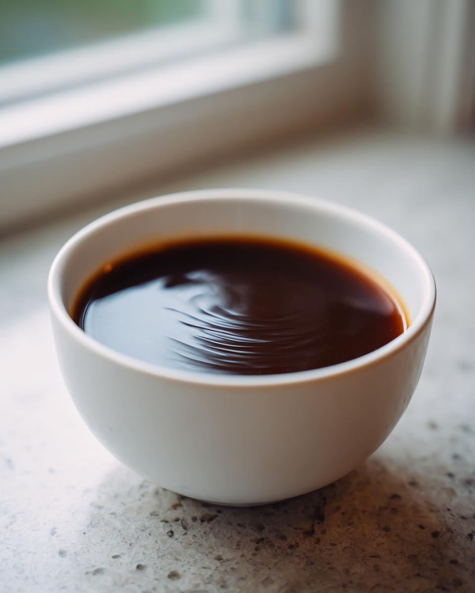 A close-up of rich, dark homemade brown gravy in a small white bowl, showing ripples on the surface.