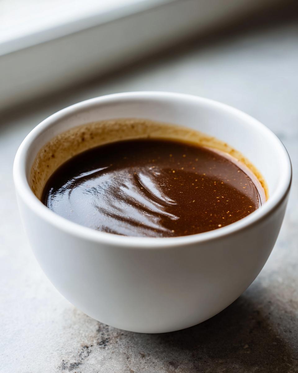 Close-up of rich, thick homemade brown gravy served in a small white bowl.
