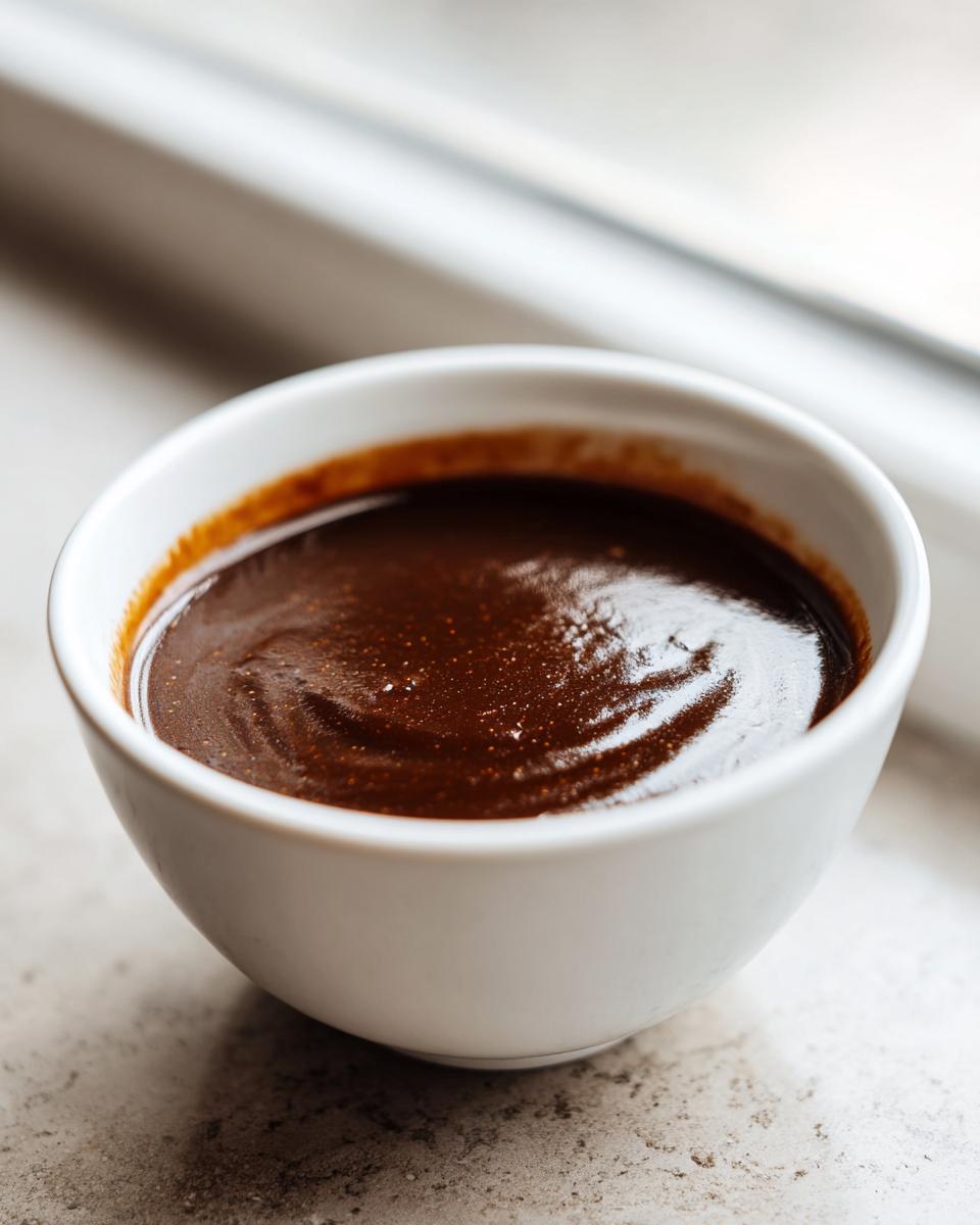 Close-up of thick, rich homemade brown gravy in a small white bowl, showing glossy texture.