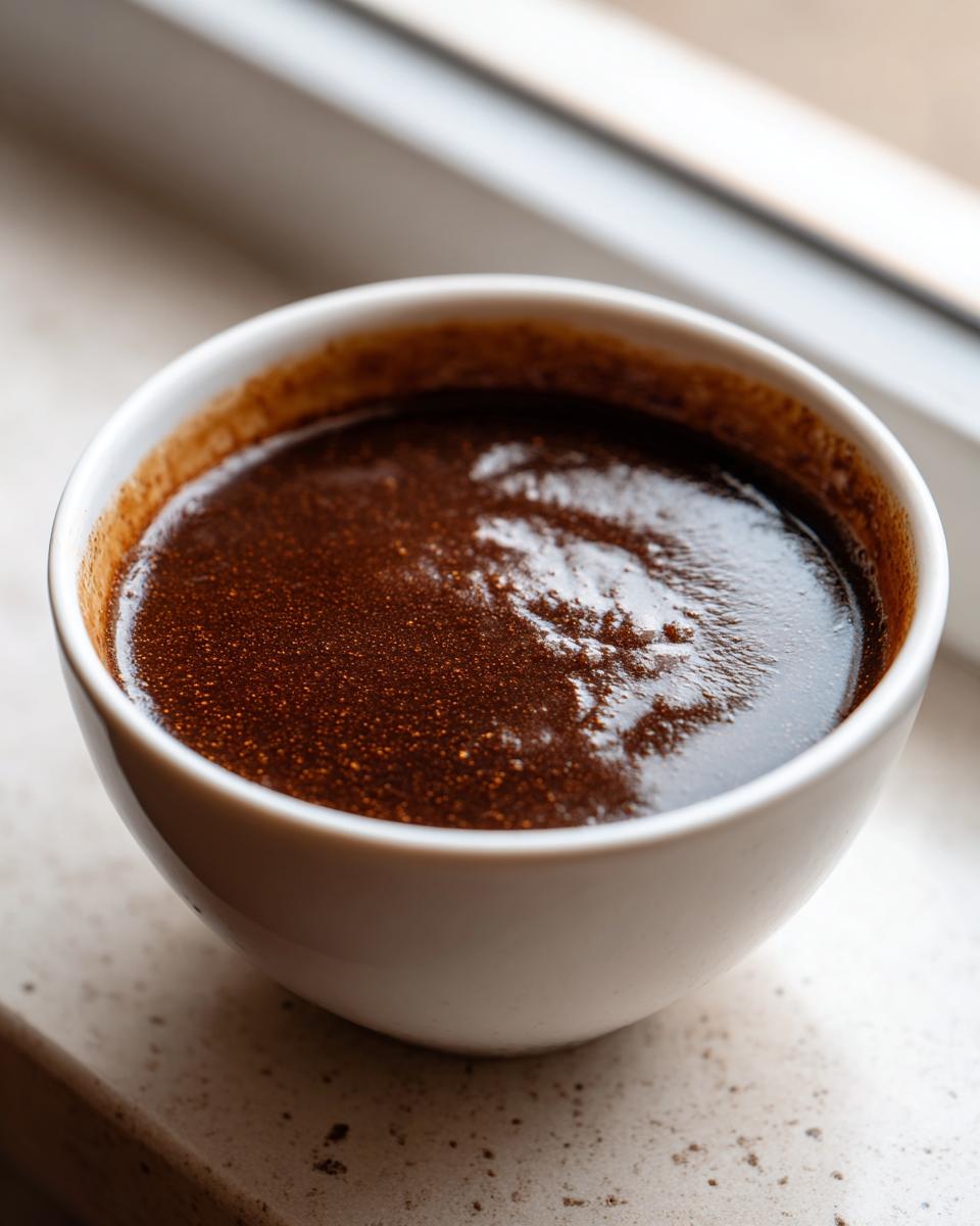 Close-up of rich, dark homemade brown gravy in a small white bowl.
