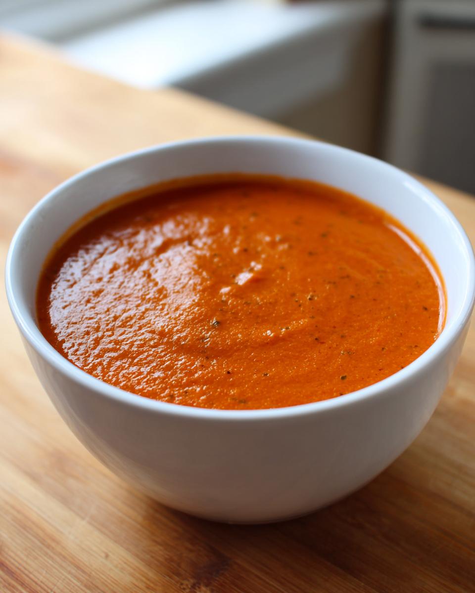 Close-up of a white bowl filled with vibrant orange-red tomato bisque, resting on a wooden cutting board.