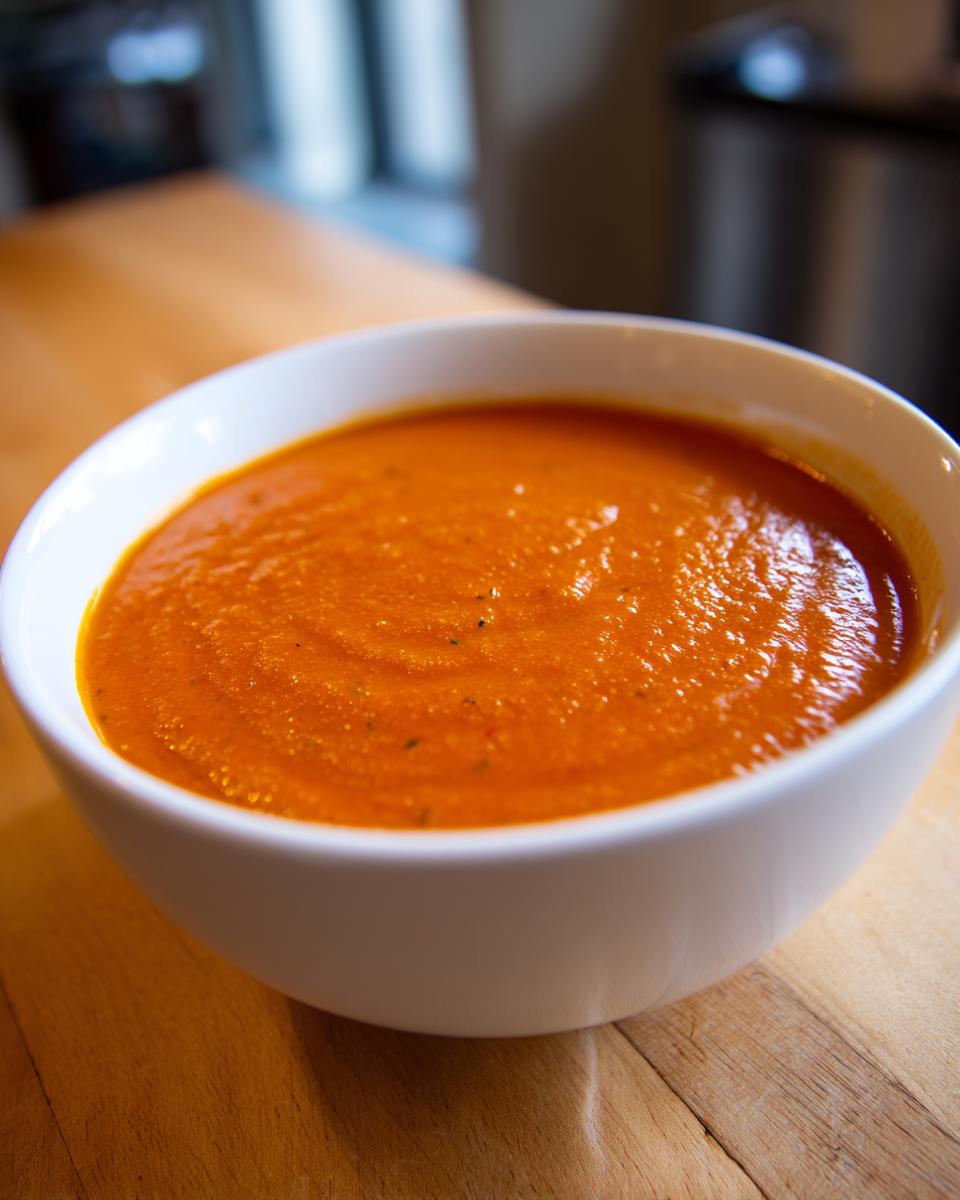 A close-up of a bowl filled with smooth, vibrant orange tomato bisque resting on a wooden surface.