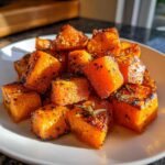 Close-up of glossy, caramelized roasted butternut squash cubes seasoned with herbs like rosemary.