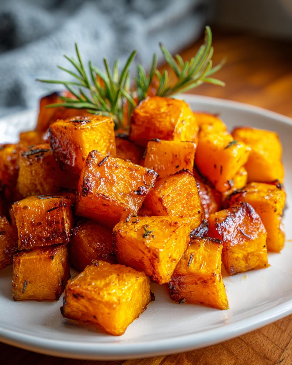 Close-up of caramelized, golden roasted butternut squash cubes garnished with fresh rosemary.