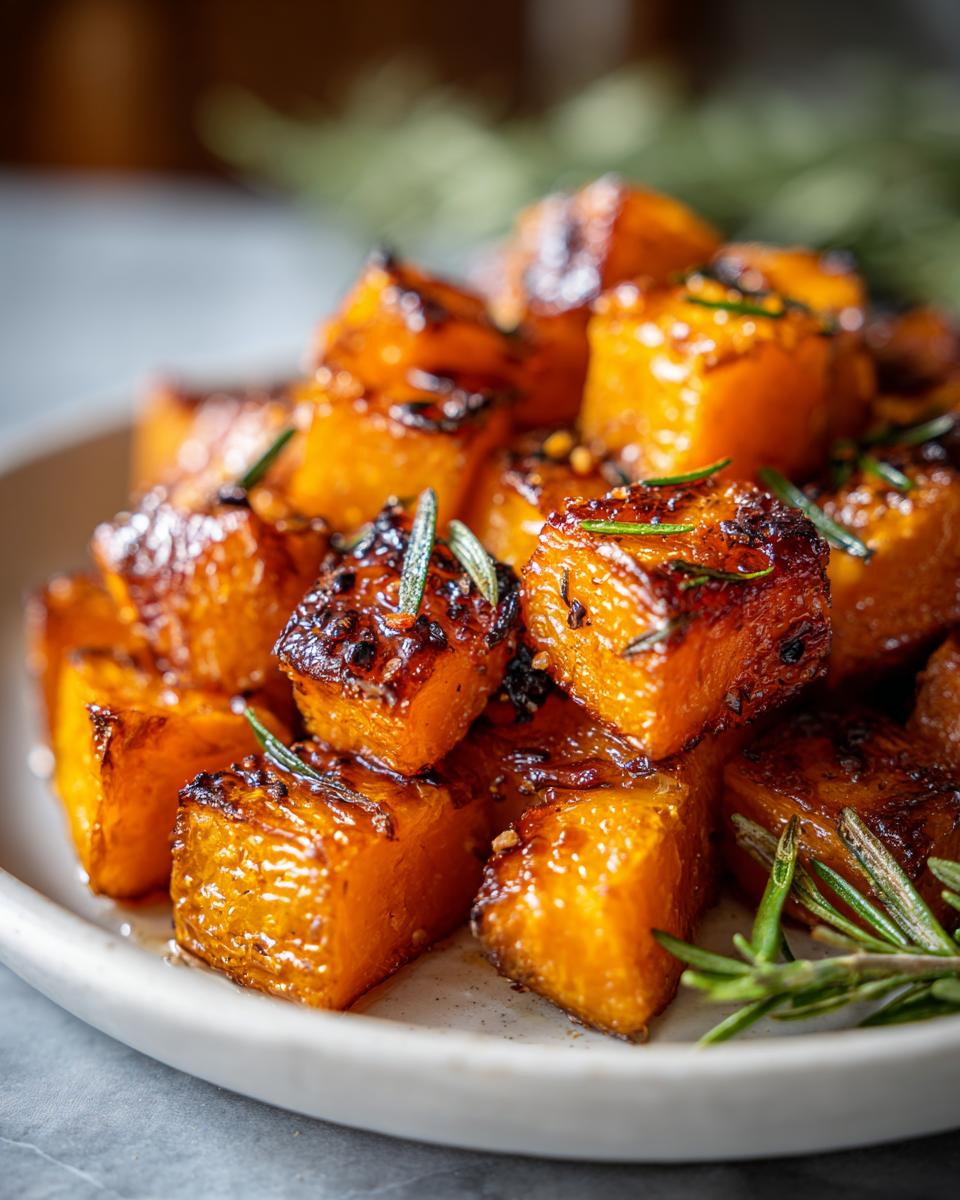 Close-up of perfectly caramelized roasted butternut squash cubes seasoned with rosemary.