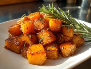 Close-up of glistening, caramelized roasted butternut squash cubes seasoned with herbs and garnished with fresh rosemary.