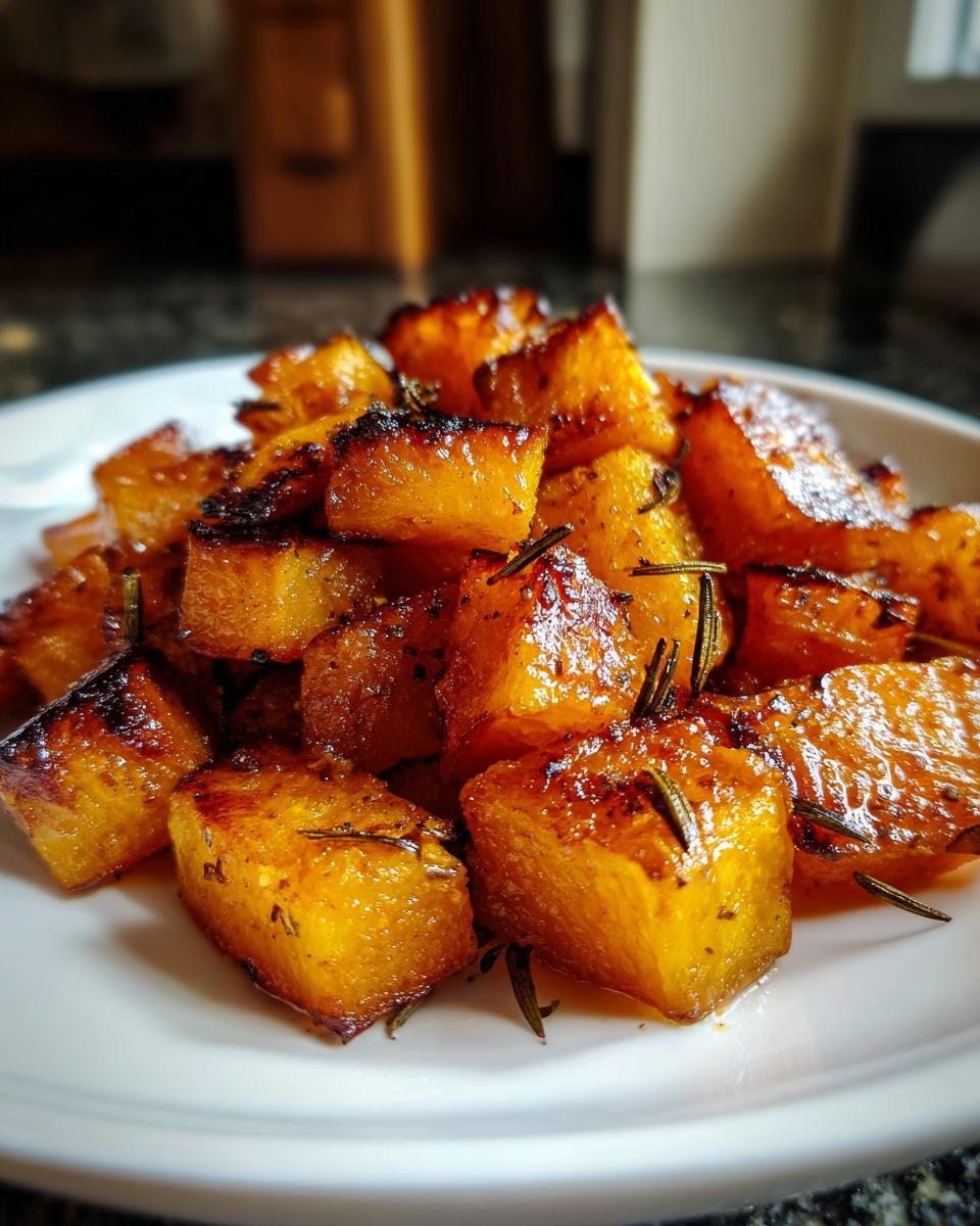 Close-up of caramelized roasted butternut squash cubes seasoned with rosemary on a white plate.