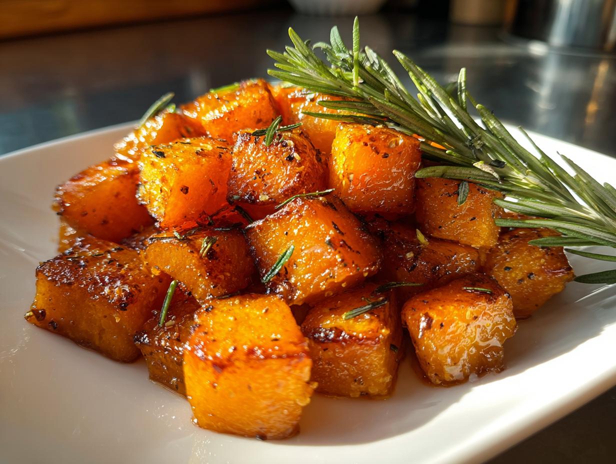 Close-up of glistening, caramelized roasted butternut squash cubes seasoned with herbs and garnished with fresh rosemary.