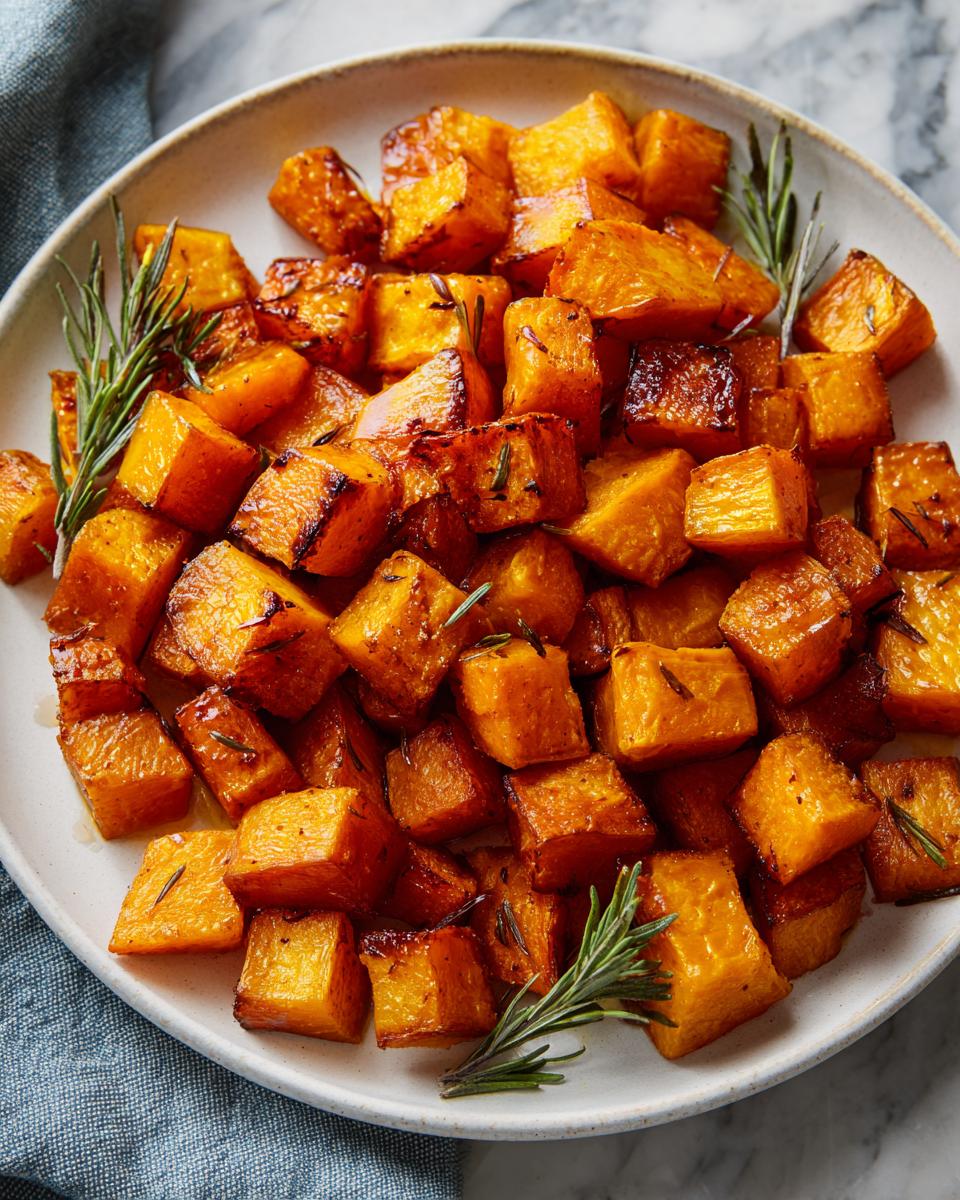 Close-up of caramelized roasted butternut squash cubes seasoned with rosemary on a white plate.