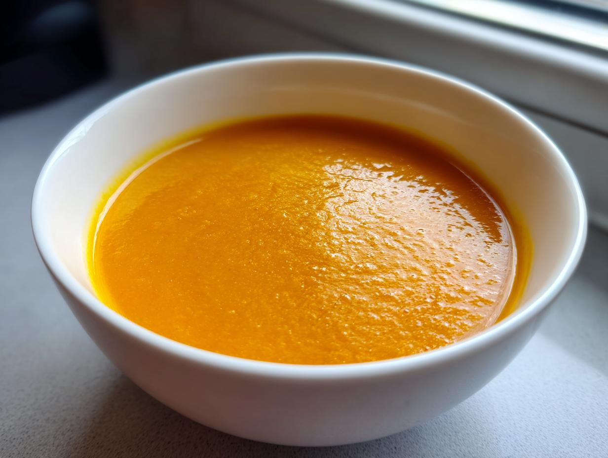 Close-up of a white bowl filled with smooth, bright orange roasted butternut squash soup.