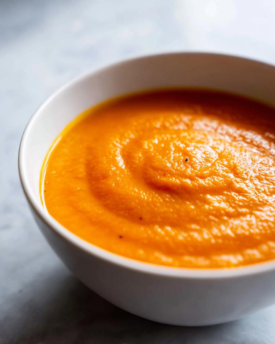 Close-up of vibrant orange roasted butternut squash soup in a white bowl, showing a smooth, creamy texture.