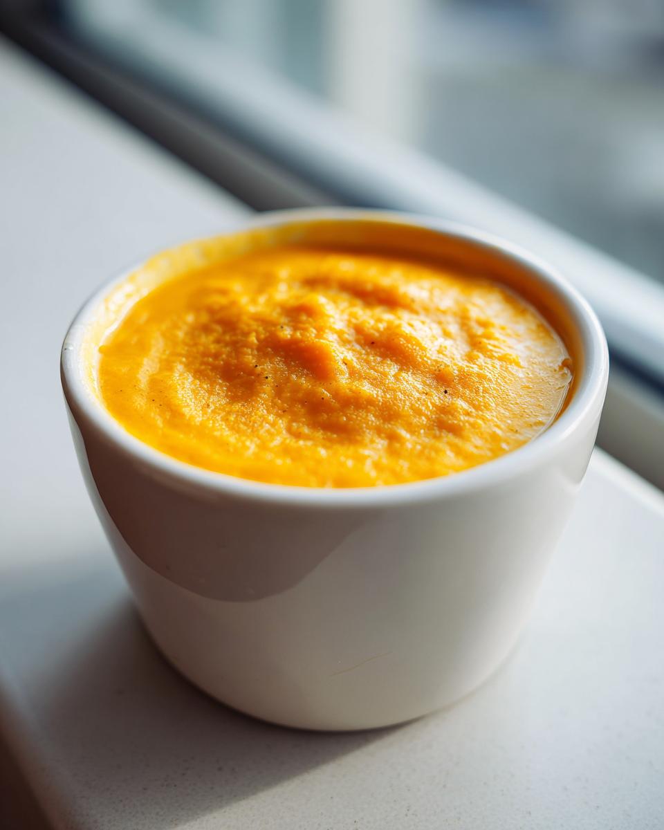 Close-up of vibrant orange roasted butternut squash soup served in a small white cup by a window.