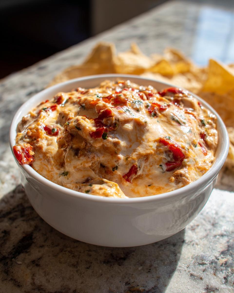 A close-up of a white bowl filled with rich, creamy sausage cream cheese dip mixed with red peppers.
