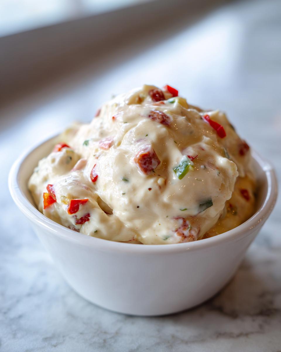 A close-up of a thick, creamy sausage cream cheese dip loaded with visible bits of red pepper and herbs, served in a white bowl.