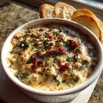 A warm, bubbly sausage cream cheese dip topped with sun-dried tomatoes and parsley, served with toasted bread slices.