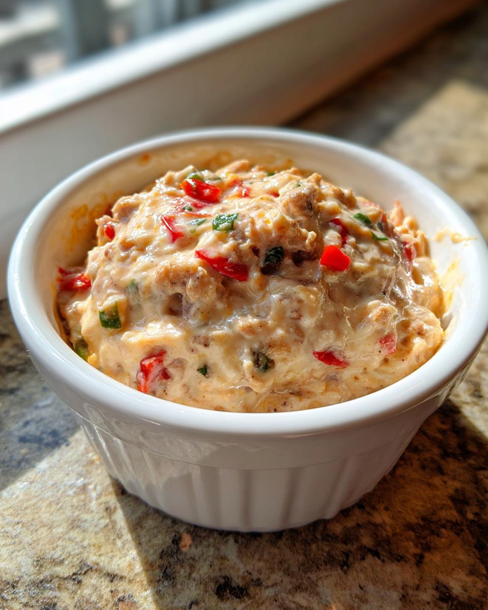 A close-up of warm sausage cream cheese dip mixed with red and green peppers in a white ramekin.