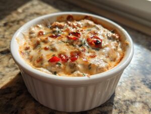 Close-up of a baked sausage cream cheese dip with melted cheese and red pepper pieces in a white ramekin.