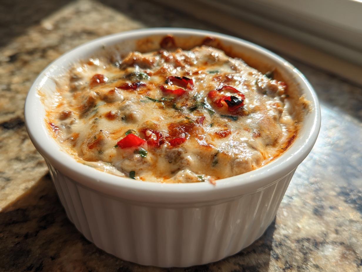 Close-up of a baked sausage cream cheese dip with melted cheese and red pepper pieces in a white ramekin.
