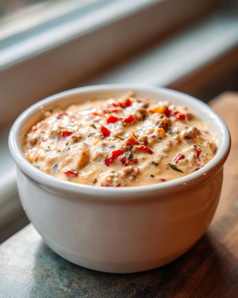 A close-up of warm sausage cream cheese dip, featuring chunks of sausage and red peppers, served in a white bowl.