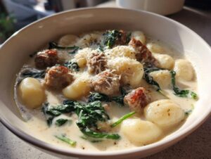 Close-up of a hearty bowl of sausage gnocchi soup with spinach and grated Parmesan cheese.