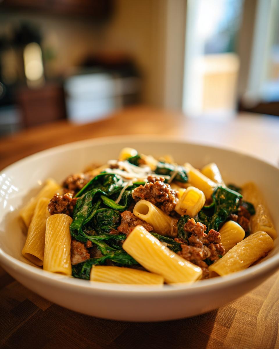 A white bowl filled with rigatoni pasta, crumbled sausage, and wilted spinach, representing the amazing sausage pasta recipe.
