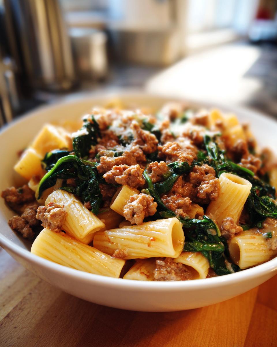 A close-up shot of a white bowl filled with rigatoni sausage pasta mixed with wilted spinach and topped with grated cheese.