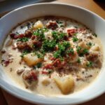 Close-up of a rich, creamy sausage potato soup topped with crumbled sausage and fresh parsley.