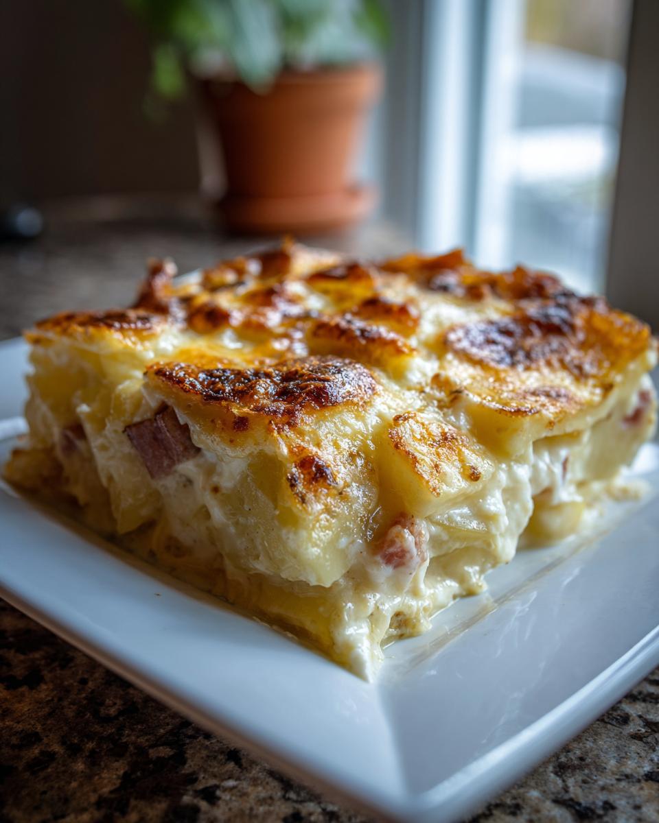 A thick slice of creamy scalloped potatoes and ham casserole with a beautifully browned, cheesy crust.