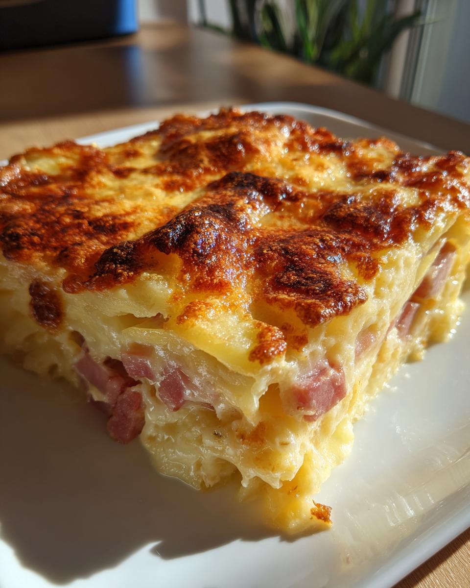 A close-up of a rich, cheesy slice of scalloped potatoes and ham with a beautifully browned, bubbly top.