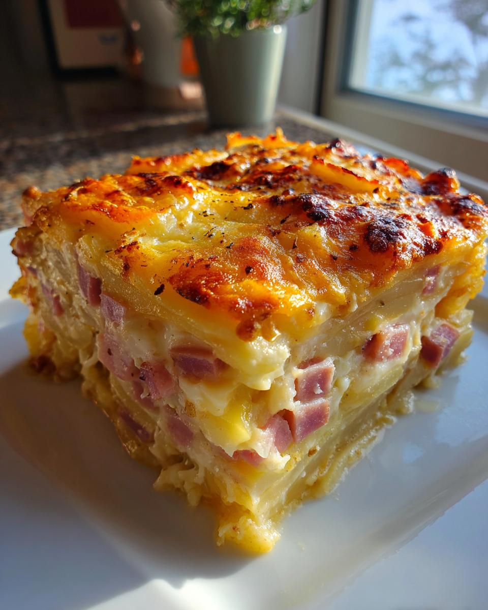 A thick, cheesy slice of baked scalloped potatoes and ham with a golden-brown crust.