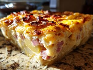 Close-up of a thick slice of creamy scalloped potatoes and ham casserole with a golden-brown, cheesy crust.