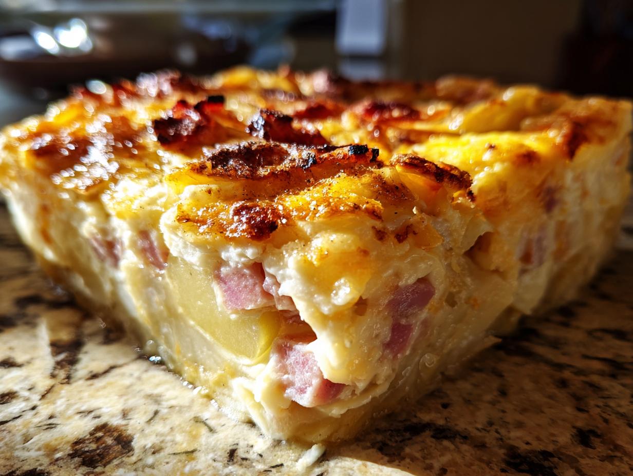 Close-up of a thick slice of creamy scalloped potatoes and ham casserole with a golden-brown, cheesy crust.