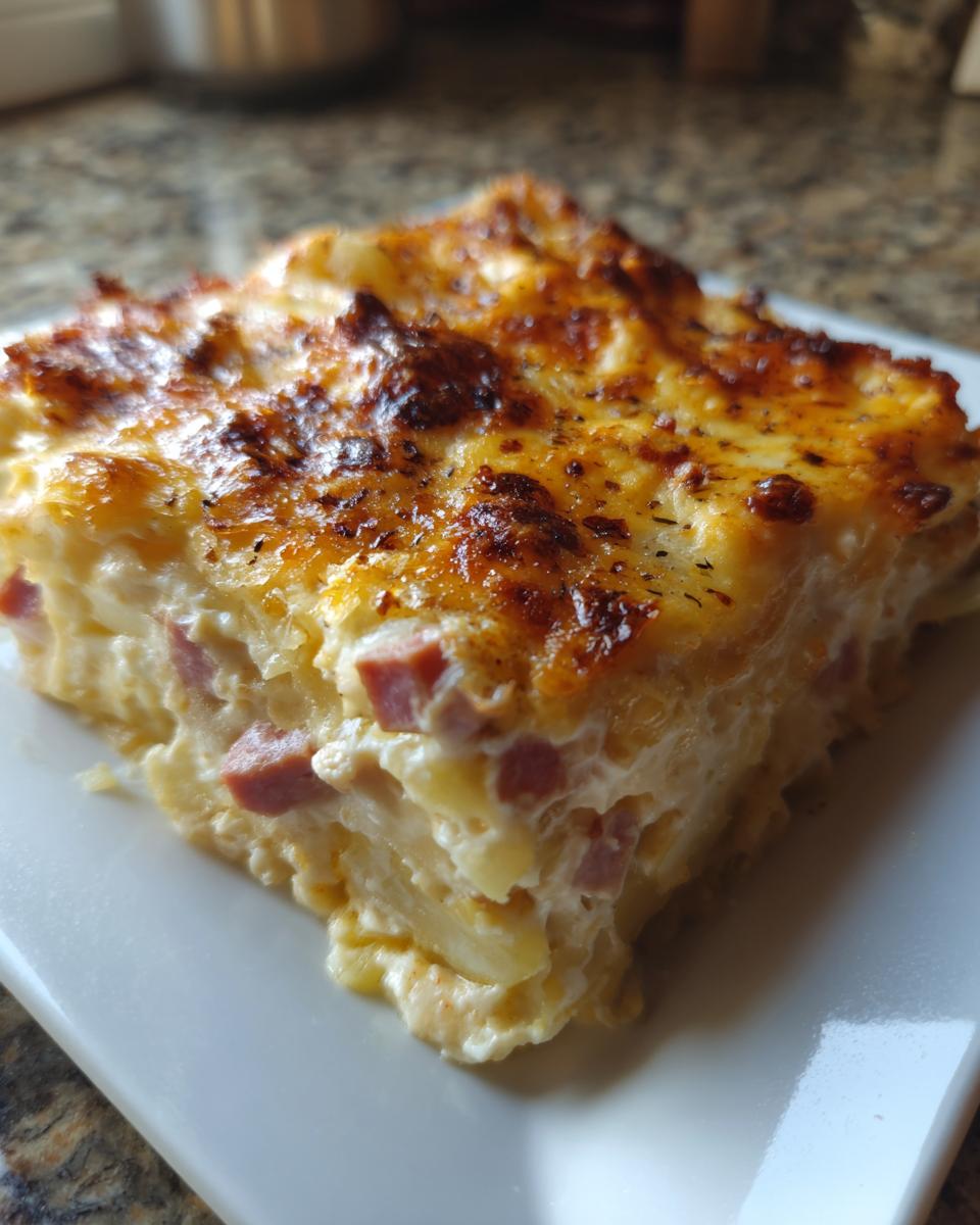 A thick, square slice of baked scalloped potatoes and ham, layered with creamy sauce and topped with browned, bubbly cheese.