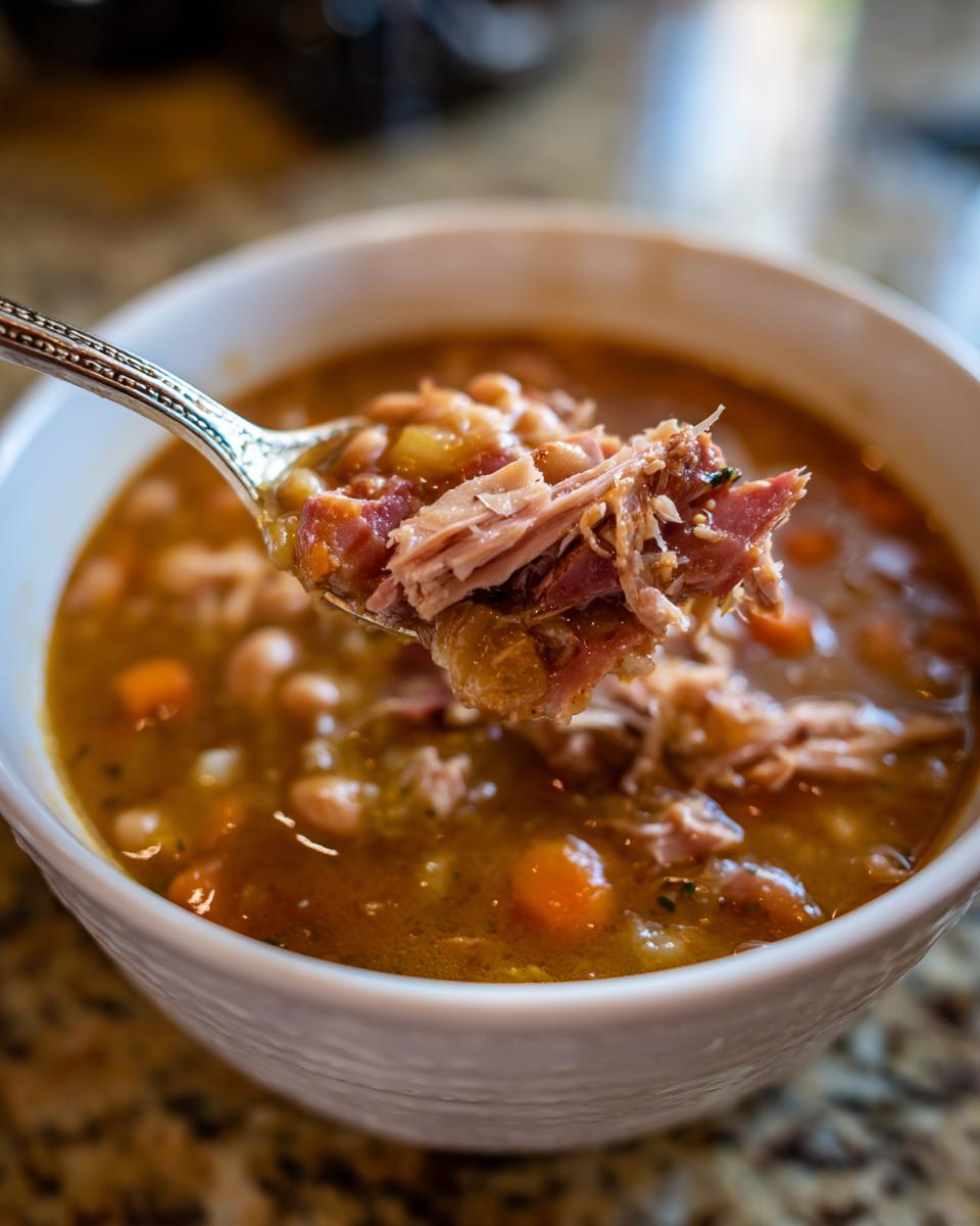 A spoonful of rich Ham and bean soup lifted from a white bowl, showing shredded ham, white beans, and carrots.