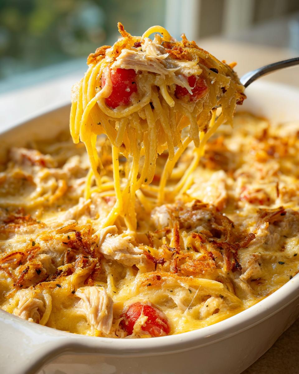 A fork lifts a generous serving of creamy Monterey chicken spaghetti, showing noodles, shredded chicken, and tomatoes.