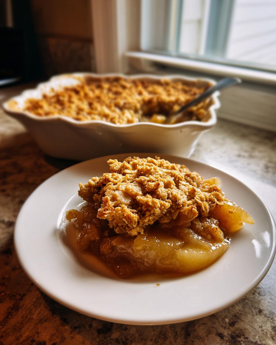 A serving of warm pear crisp with soft cooked pears and a golden, crunchy oat topping on a white plate.