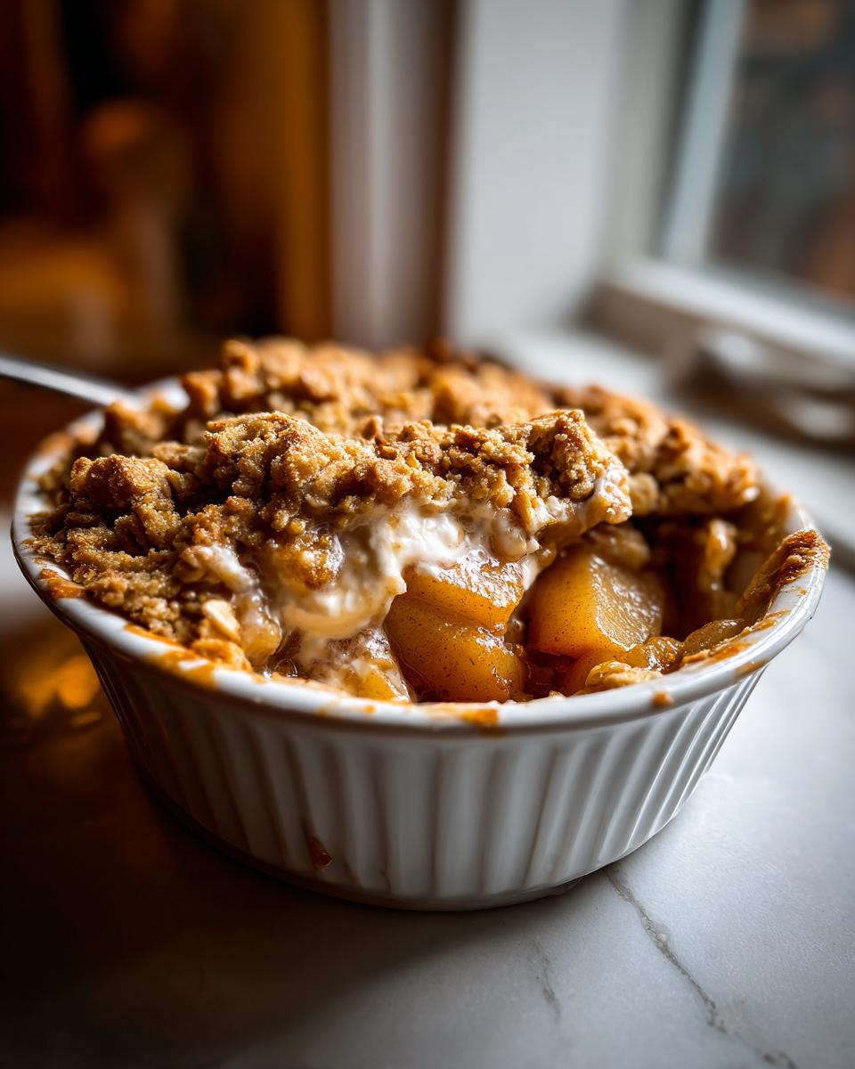 A spoonful being lifted from a warm, individual pear crisp topped with melting vanilla ice cream in a white ramekin.
