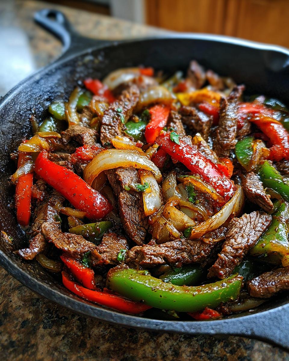 Close-up of juicy steak fajitas with caramelized onions and colorful bell peppers sizzling in a black cast iron skillet.