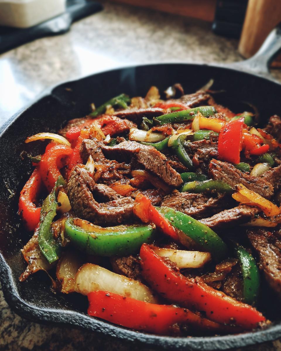 Close-up of sizzling steak fajitas with colorful bell peppers and onions in a black cast iron skillet.