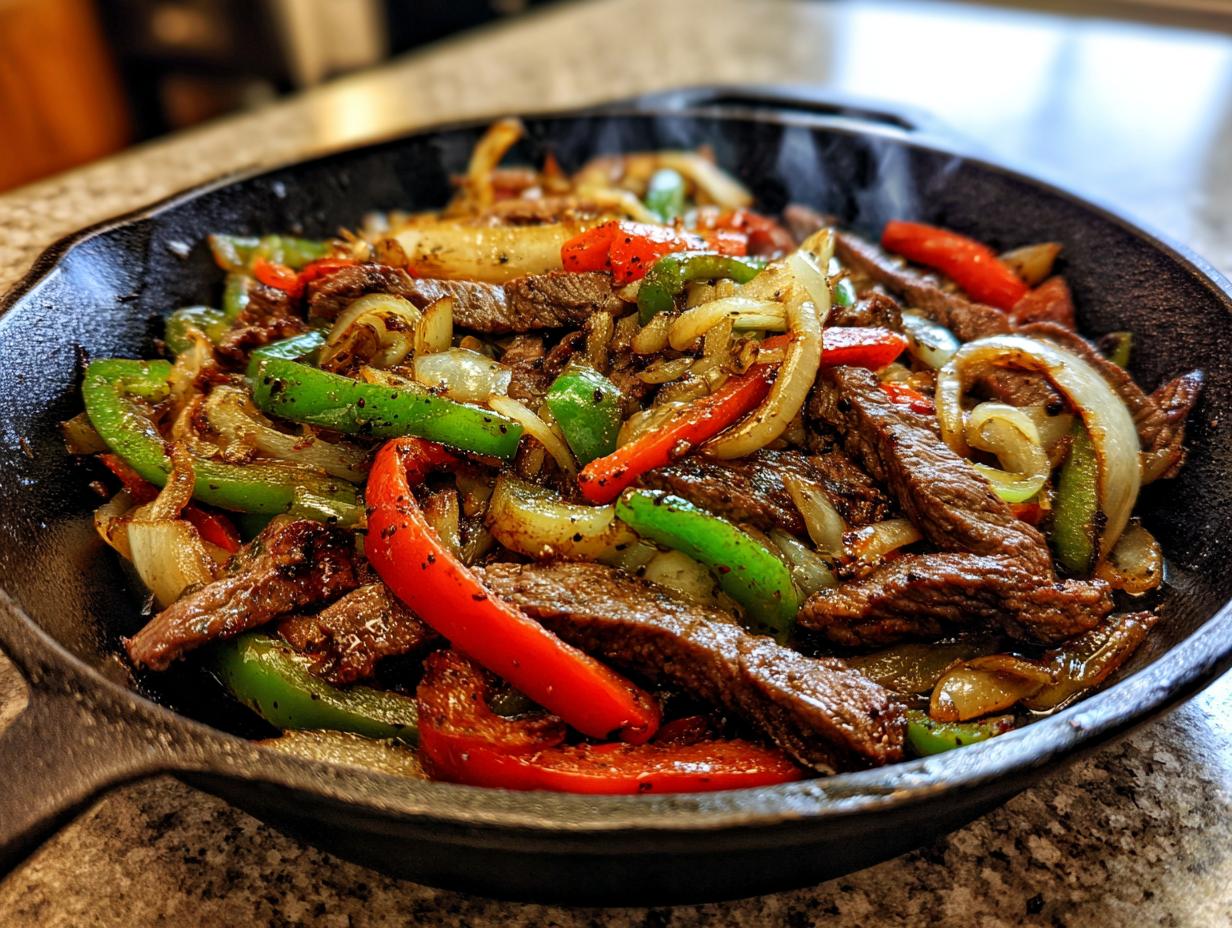 Close-up of sizzling steak fajitas with sliced peppers and onions served hot in a black cast iron skillet.