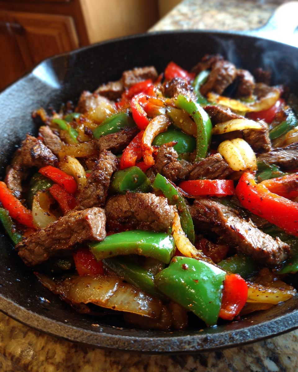 Close-up of sizzling steak fajitas with sliced beef, green peppers, red peppers, and onions in a dark skillet.