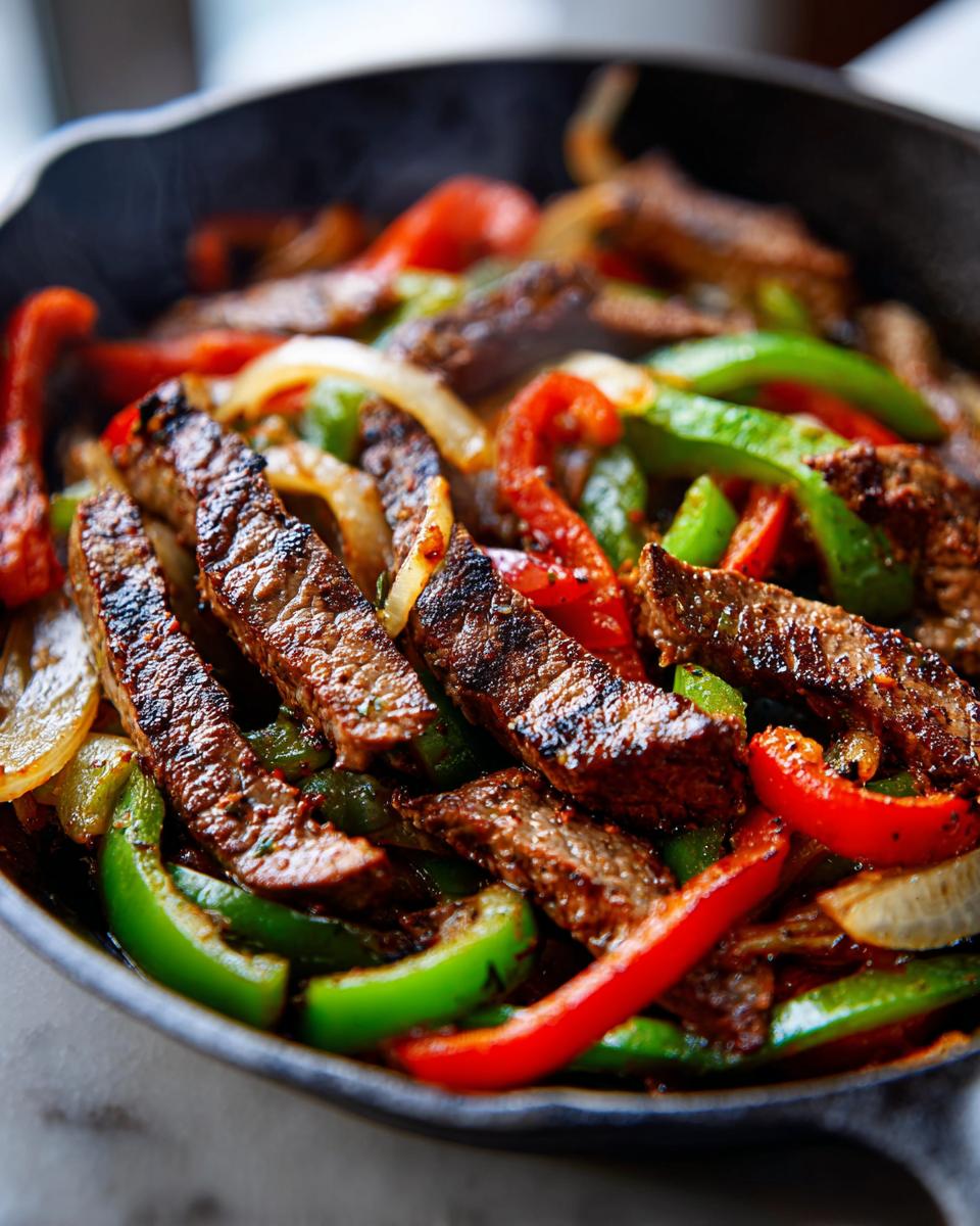 Close-up of sizzling steak fajitas with seared strips of steak, red and green bell peppers, and onions in a hot skillet.