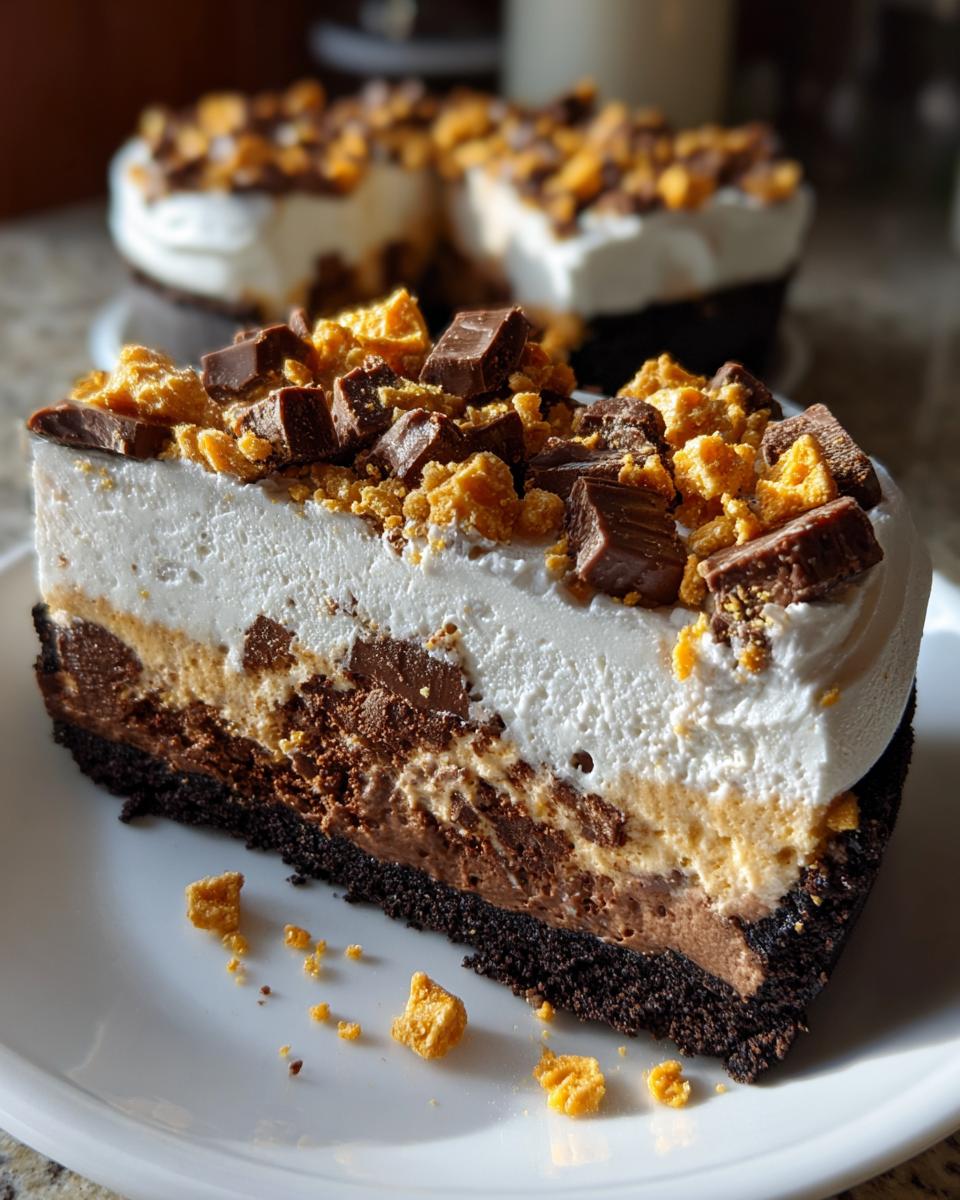 A thick slice of no-bake butterfinger pie showing chocolate crust, layered filling, and whipped topping covered in chopped Butterfinger pieces.