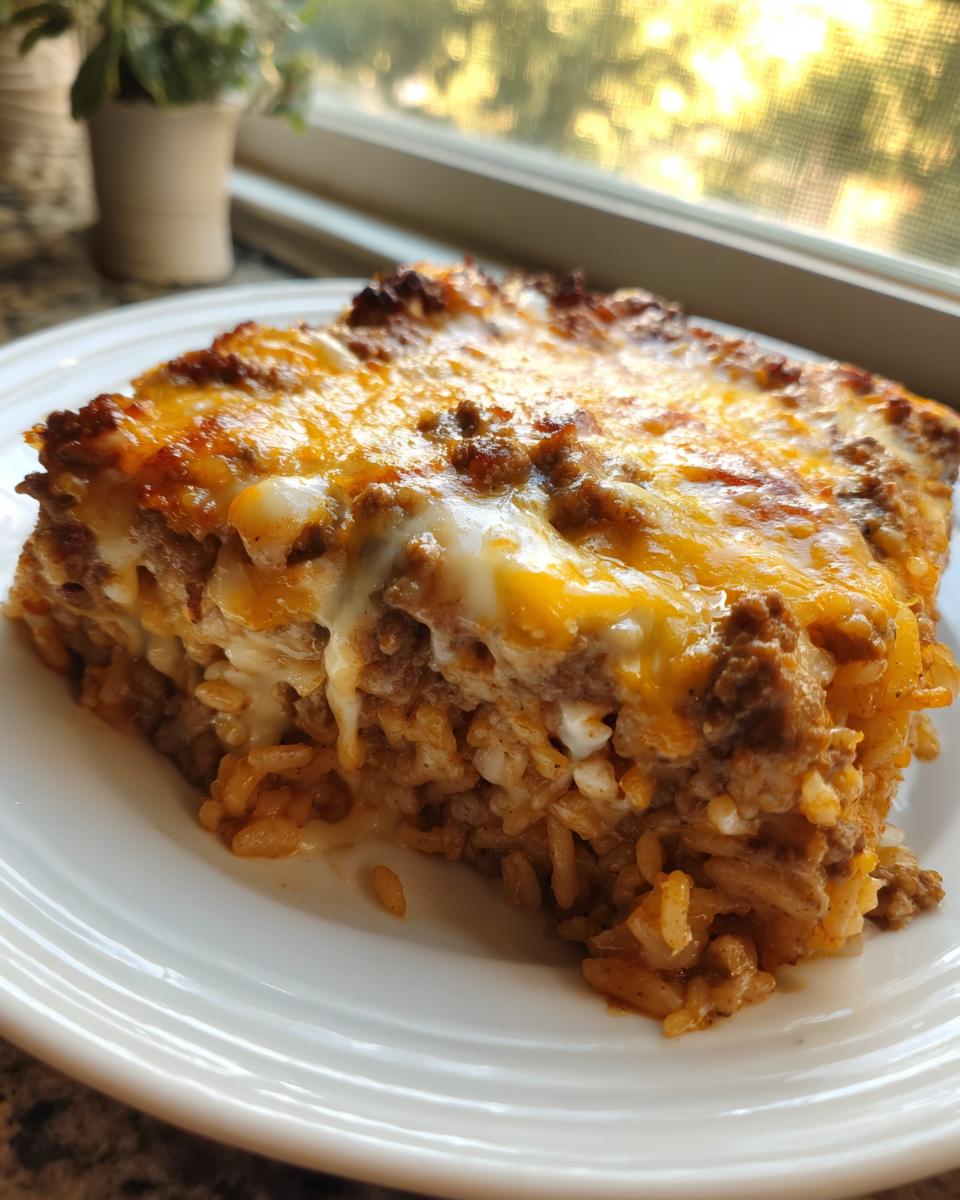 A hearty, square slice of mexican rice casserole topped with melted cheddar and Monterey Jack cheese.