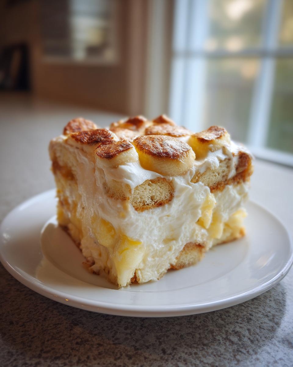 A generous slice of creamy banana pudding featuring layers of vanilla wafers, custard, and topped with caramelized banana slices.