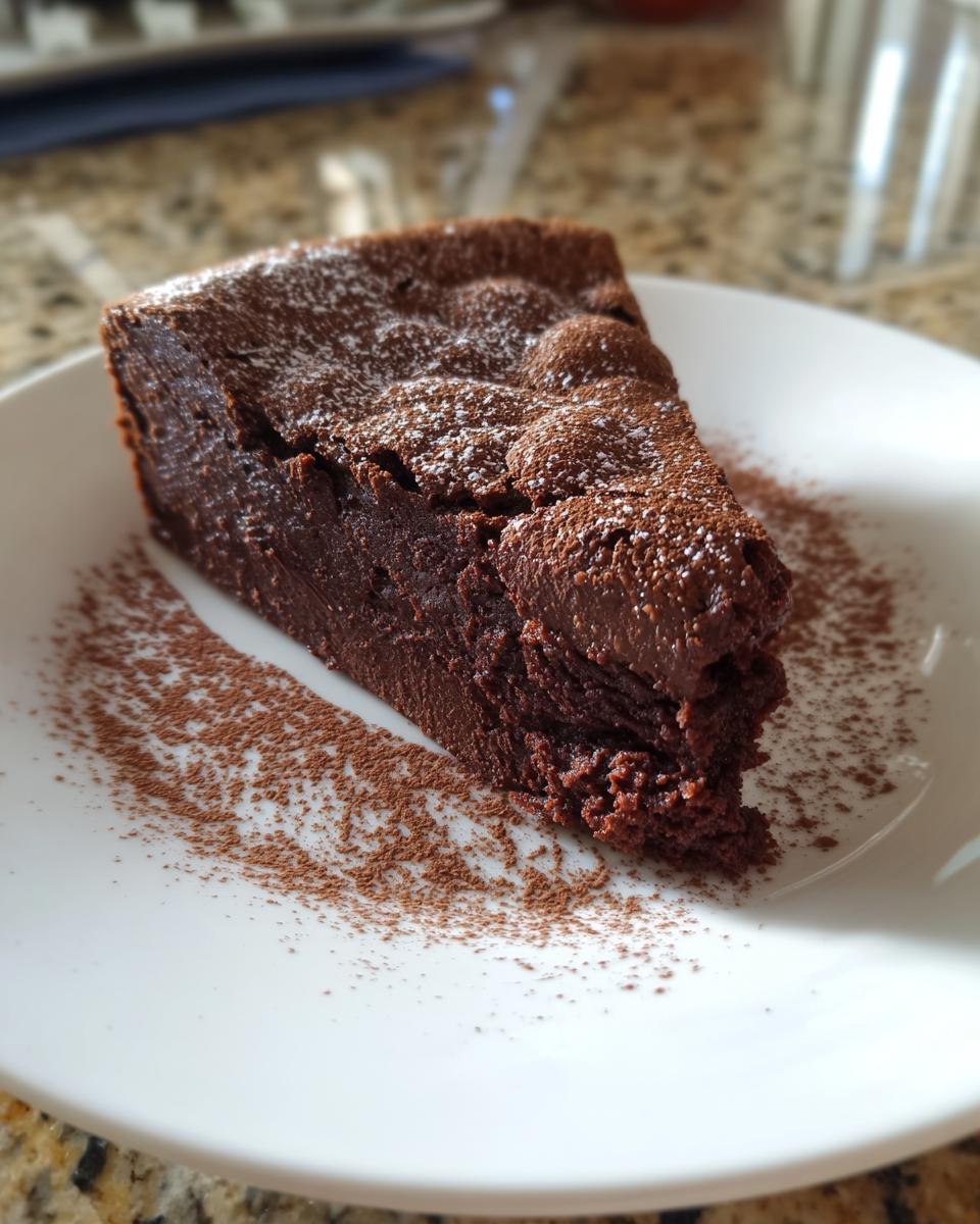 A decadent slice of flourless chocolate cake dusted with powdered sugar and cocoa powder on a white plate.